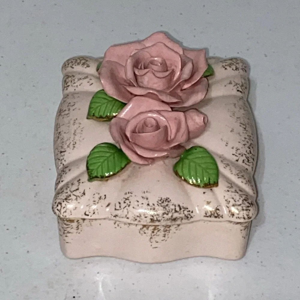 Vintage Made In Occupied Japan Rose Trinket Dish Pink Floral Jewelry Box Rare